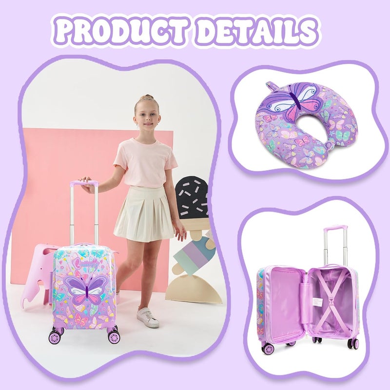 Esteemly Kid's Luggage Set 5 Piece Suitcase Set 16" Hardside Luggage with Spinner Wheels Girls Carry on Toddler Travel Rolling Suitcase with Neck Pillow Airline Approved - Image 5